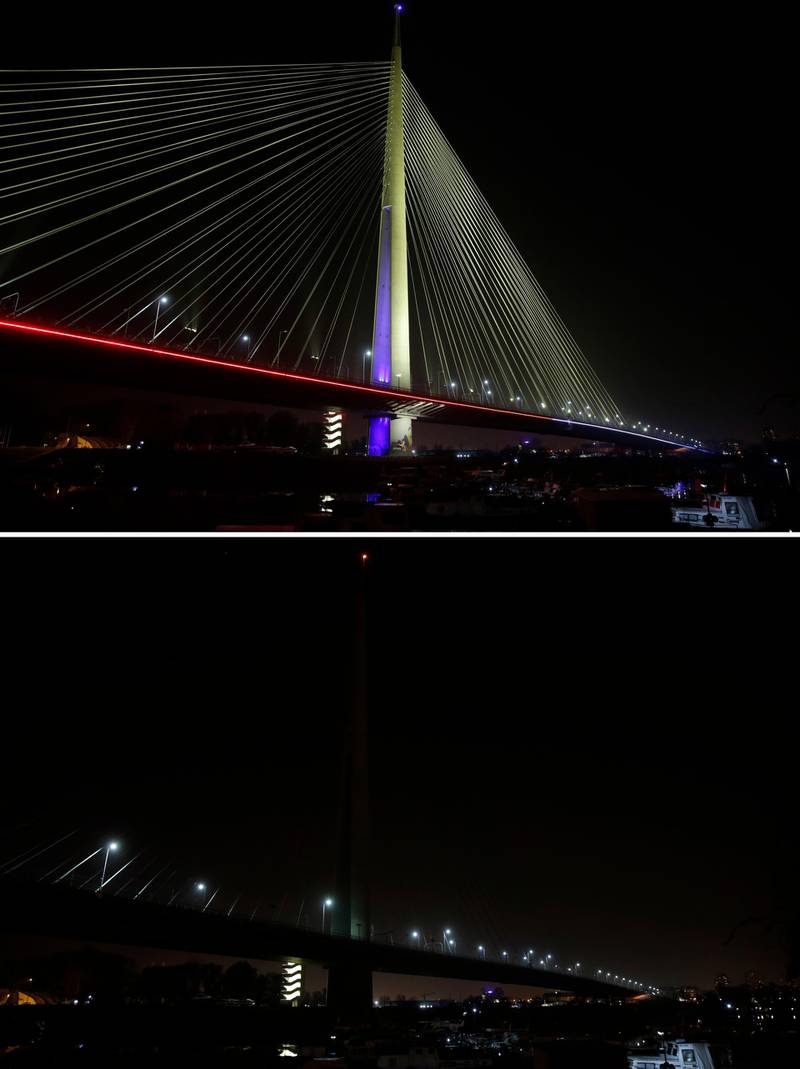 Serbia: Two views of Belgrade's Ada Bridge with its illumination lights switched on and off. EPA