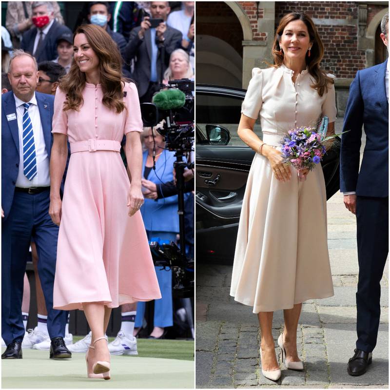 The Duchess of Cambridge wore a pale pink Beulah London dress to attend the Wimbledon Tennis Championships on July 11, 2021 in London, and Princess Mary wore the same dress in a neutral cream shade to attend the opening of an exhibition at Frederiksborg Castle in Hillerod, Denmark on June 16, 2020. WireImage, Shutterstock