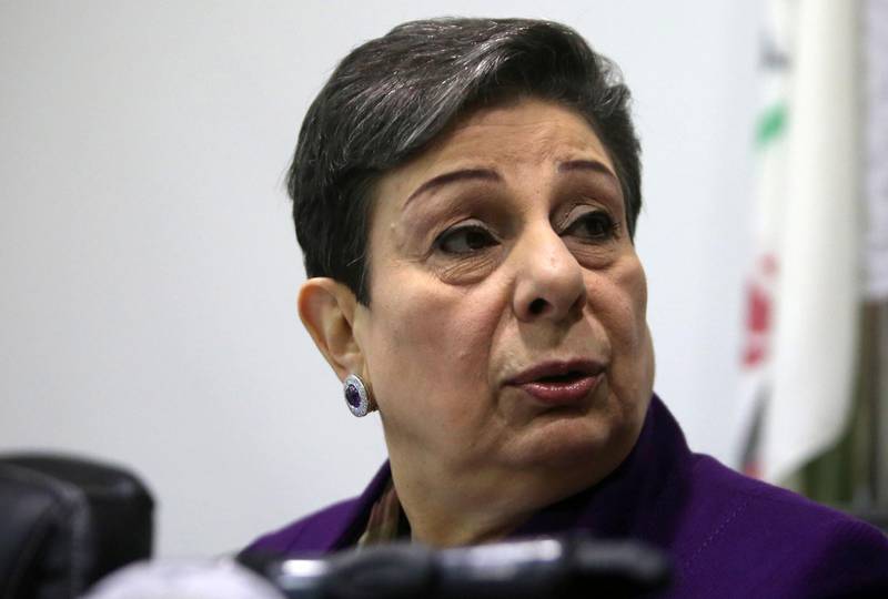 (FILES) In this file photo taken on February 24, 2015 Palestine Liberation Organisation (PLO) executive committee member Hanan Ashrawi speaks during a press conference in Ramallah. The senior Palestinian official has been refused a visa for the United States, she said on May 13, 2019, amid worsening relations between the two sides. Ashrawi, a longtime aide to Palestinian president Mahmud Abbas, announced on Twitter she had been turned down without being given a justification.
 / AFP / Abbas MOMANI
