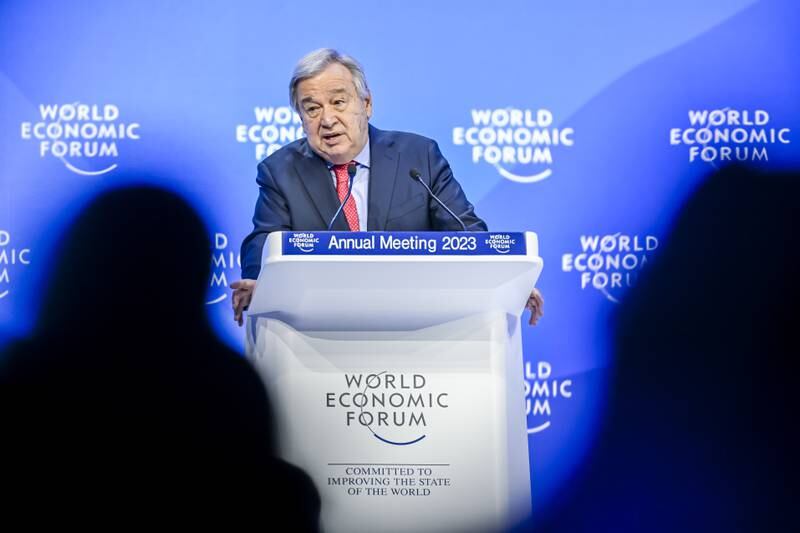 UN Secretary General Antonio Guterres speaks to delegates at the World Economic Forum in Davos. EPA