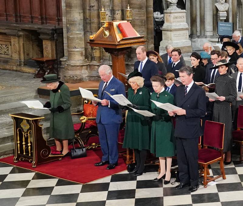 Queen Elizabeth II, Charles, Prince of Wales, Camilla, Duchess of Cornwall, Anne, the Princess Royal and Vice Admiral Sir Tim Laurence during a service of thanksgiving for the life of the Duke of Edinburgh, at Westminster Abbey in London. PA