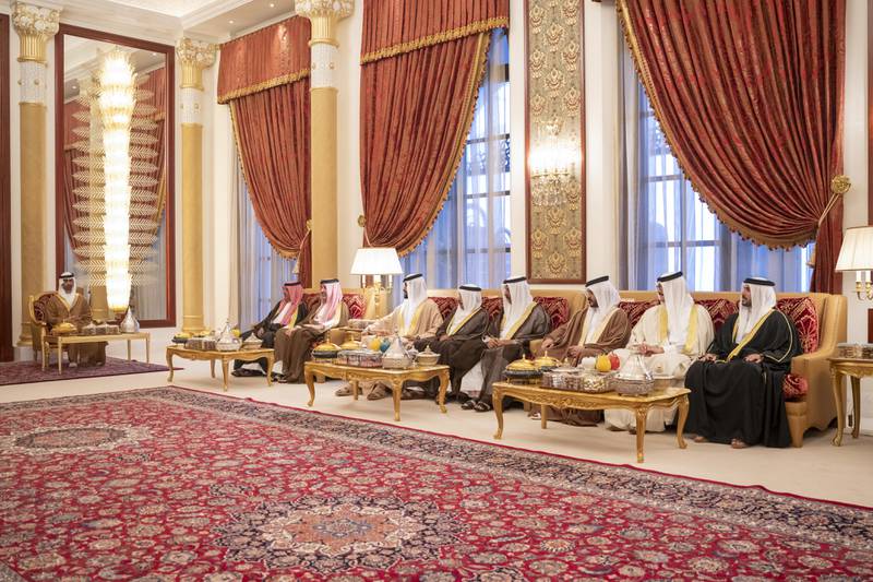 Sheikh Hamdan bin Mohamed and Sheikh Nasser bin Hamad, fourth from left, attend a meeting with Sheikh Mohamed bin Zayed (not shown) and King Hamad (not shown), at Sakhir Palace. Photo: Abdulla Al Neyadi for the Ministry of Presidential Affairs