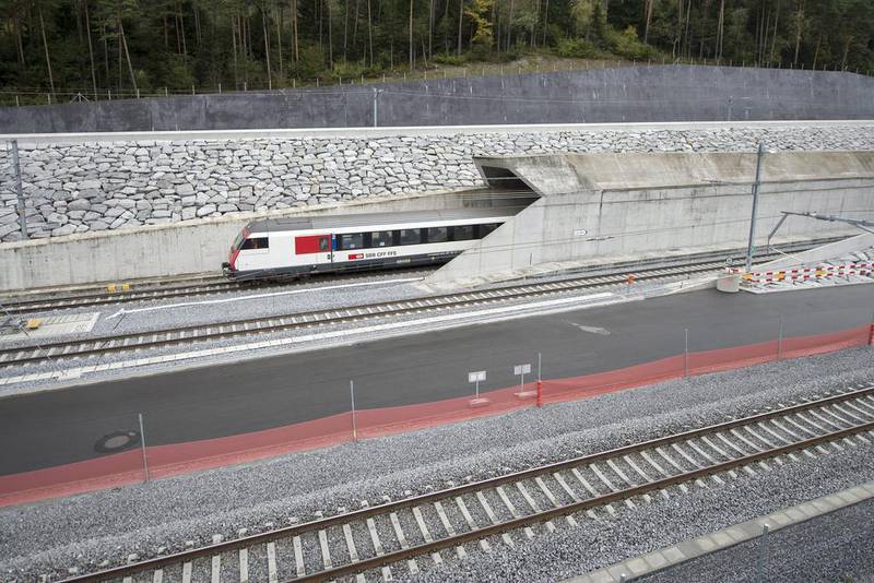 A test train close to the northern gate near Erstfeld, Switzerland, in October last year. The opening celebrations of the Switzerland’s the largest-ever construction project will start on June 1. Urs Flueeler / EPA