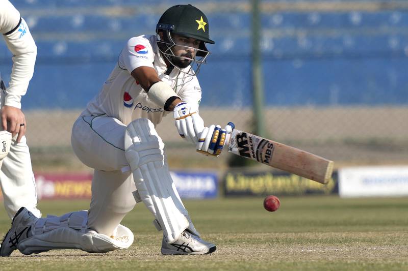 Pakistan's Saud Shakeel plays a shot during the fourth day of the second test cricket match between Pakistan and New Zealand, in Karachi, Pakistan, Thursday, Jan.  5, 2023.  (AP Photo / Fareed Khan)