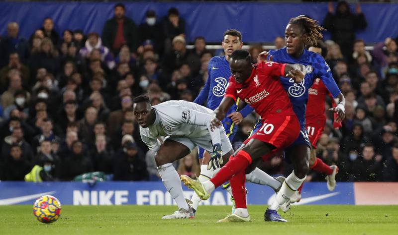 Sadio Mane scores Liverpool's first goal in their 2-2 Premier League draw with Chelsea at Stamford Bridge on Sunday, January 2, 2022. Reuters