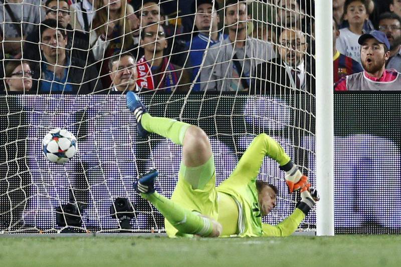 Bayern Munich goalkeeper Manuel Neuer fails to make a save as Barcelona's Lionel Messi scores the opening goal during the Champions League semi-final first leg on Wednesday. Manu Fernandez / AP