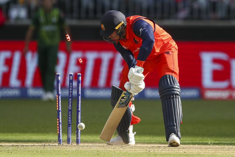 Netherlands' Fred Klaassen is out bowled by Mohammad Wasim. AP