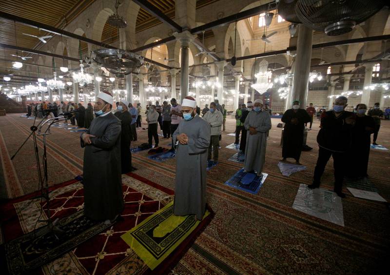 Prayers continued at Al Hussein mosque this week while it was being prepared for Ramadan. Reuters