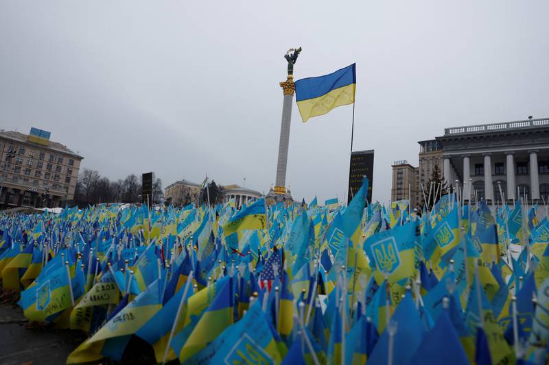 Flags representing fallen soldiers, including foreign soldiers, on Independence Square, in Kyiv, on December 22. Reuters