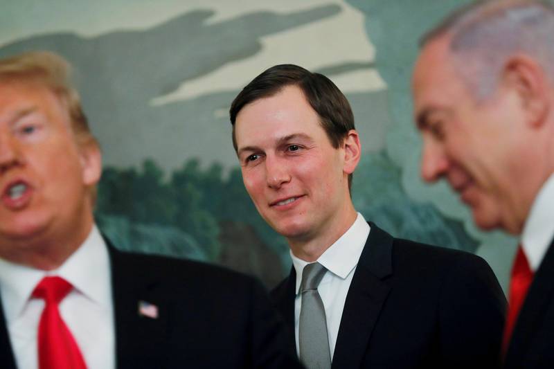 FILE PHOTO: White House senior advisor Jared Kushner smiles while listening to U.S. President Donald Trump talk as the president meets with Israel's Prime Minister Benjamin Netanyahu at the White House in Washington, U.S., March 25, 2019. REUTERS/Carlos Barria/File Photo