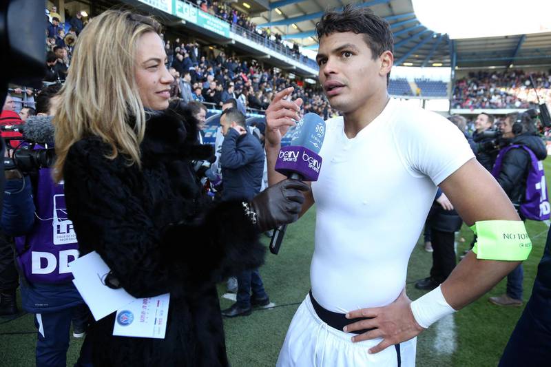 TROYES, FRANCE - MARCH 13: Thiago Silva of PSG answers to Anne-Laure Bonnet of beIN Sport following the French Ligue 1 match between ESTAC Troyes and Paris Saint-Germain (PSG) at Stade de l'Aube on March 13, 2016 in Troyes, France. (Photo by Jean Catuffe/Getty Images)