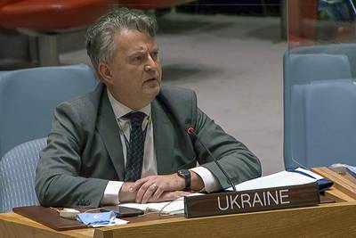 Ukraine's UN ambassador Sergey Kyslytsya speaks during an emergency meeting of the Security Council. AP
