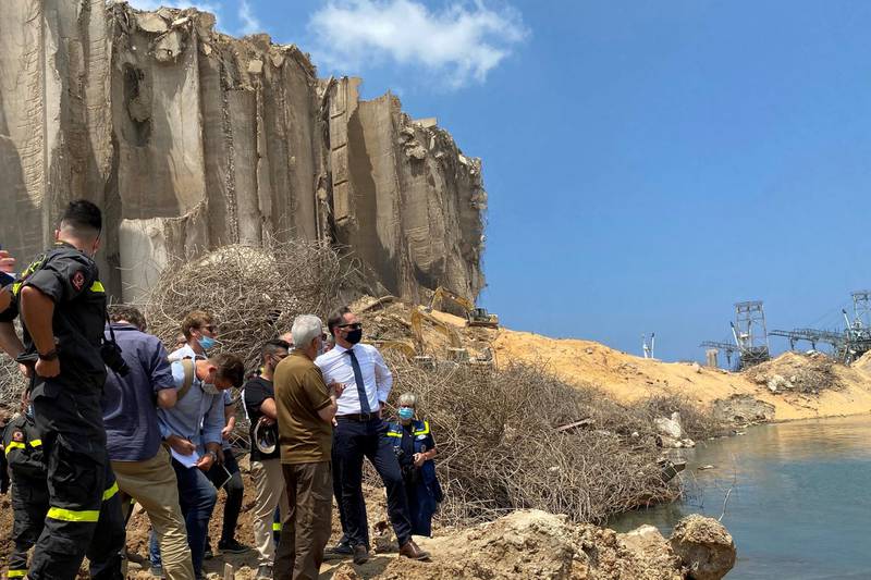 German Foreign Minister Heiko Maas views the damage at the site of a massive explosion at Beirut port, Lebanon August 12, 2020. REUTERS/Andreas Rinke