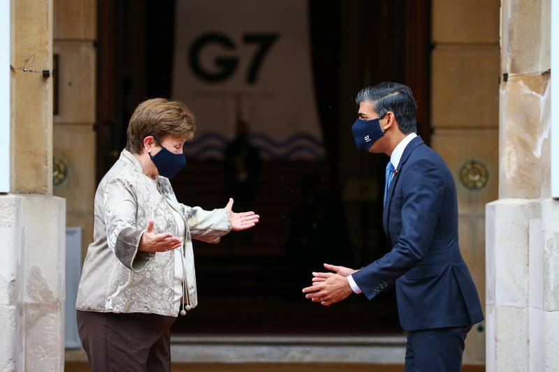 Rishi Sunak, U.K. Chancellor of the Exchequer, right, greets Kristalina Georgieva, managing director of the International Monetary Fund (IMF), on the first day of the Group of Seven Finance Ministers summit in London, U.K., on Friday, June 4, 2021. U.K. Chancellor Rishi Sunak will host G-7 finance ministers and central bank chiefs, ahead of the main summit next week. Photographer: Hollie Adams/Bloomberg