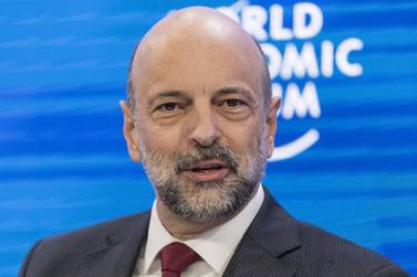 Jordanian Prime Minister Omar Al Razzaz addresses a panel session at the 50th annual meeting of the World Economic Forum in Davos, Switzerland on January 22, 2020. EPA