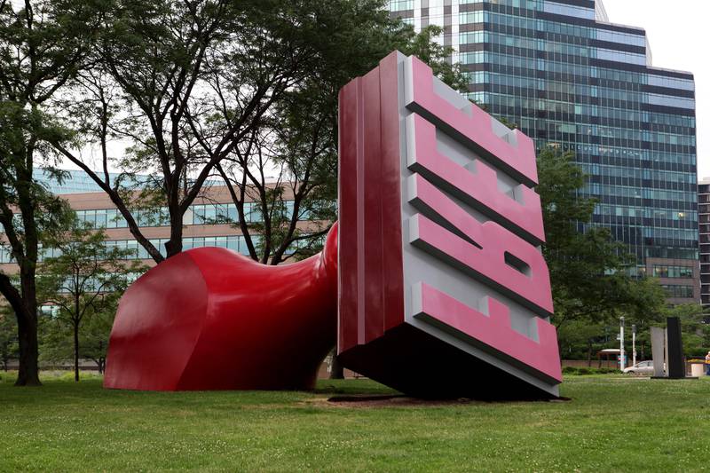 Claes Oldenburg and Coosje van Bruggen's 'Free Stamp' sculpture in Willard Park in Cleveland, Ohiom in 2015. Getty 