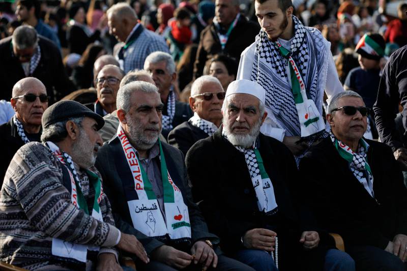 Sheikh Raed Salah, second right, an Arab-Israeli religious leader, at the rally in Deir Hanna.  AFP