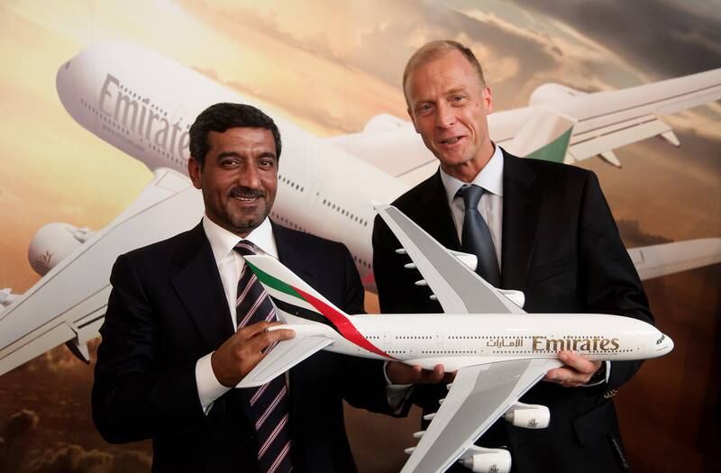 Sheikh Ahmed bin Saeed Al Maktoum and Thomas Enders, CEO of Airbus, pose for photographers after announcing that Emirates is to purchase more Airbus A380 aircraft at the ILA Berlin Air Show on June 8, 2010 in Berlin, Germany. Emirates will buy an additional 32 A380 aircraft, bringing its total A380 fleet to 90 aircraft. Getty Images
