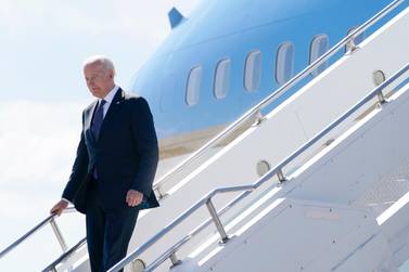 US President Joe Biden steps off Air Force One at Geneva Airport in Geneva, Switzerland ahead of his meeting with Russian President Vladimir Putin on Wednesday. AP