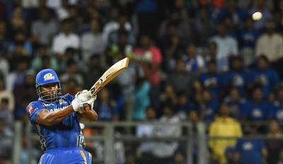 Mumbai Indians cricketer Kieron Pollard plays a shot during the 2019 Indian Premier League (IPL) Twenty20 cricket match between Mumbai Indians and Kings XI Punjab at the Wankhede cricket stadium in Mumbai, on April 10, 2019. (Photo by Indranil MUKHERJEE / AFP) / ----IMAGE RESTRICTED TO EDITORIAL USE - STRICTLY NO COMMERCIAL USE----- / GETTYOUT