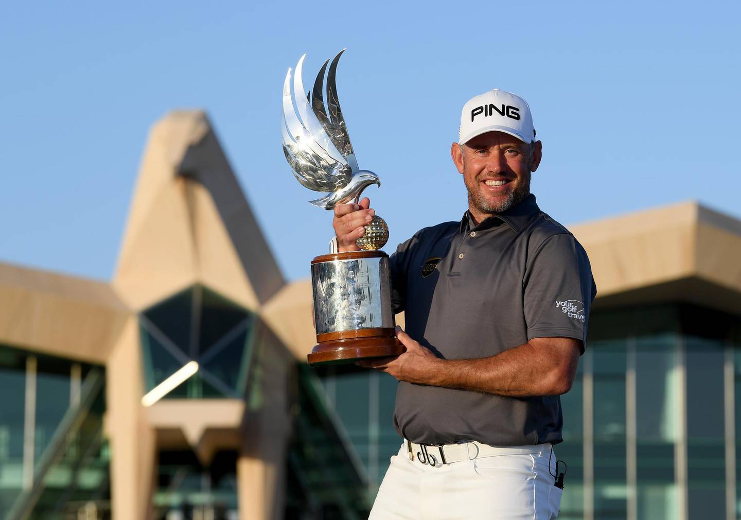 ABU DHABI, UNITED ARAB EMIRATES - JANUARY 19:  Lee Westwood of England poses with the trophy after the final round of the Abu Dhabi HSBC Championship at Abu Dhabi Golf Club on January 19, 2020 in Abu Dhabi, United Arab Emirates. (Photo by Ross Kinnaird/Getty Images)