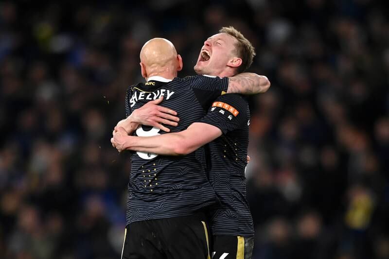 Newcastle's  Jonjo Shelvey and Sean Longstaff celebrate after the match. Getty