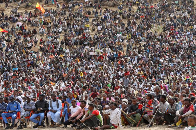 Ethiopian refugees gather to celebrate the 46th anniversary of the Tigray People's Liberation Front at Um Raquba refugee camp in Gedaref, Sudan. The TPLF dominated Ethiopian politics before being ousted from their regional stronghold last year. AFP