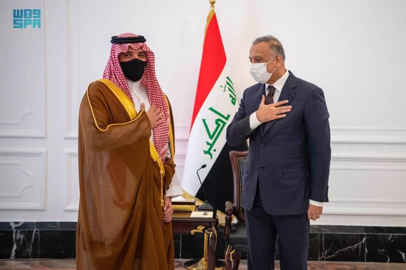 Iraq's Prime Minister Mustafa Al-Kadhemi received Minister of Interior Prince Abdulaziz Bin Saud Bin Naif in Baghdad on Saturday. SPA