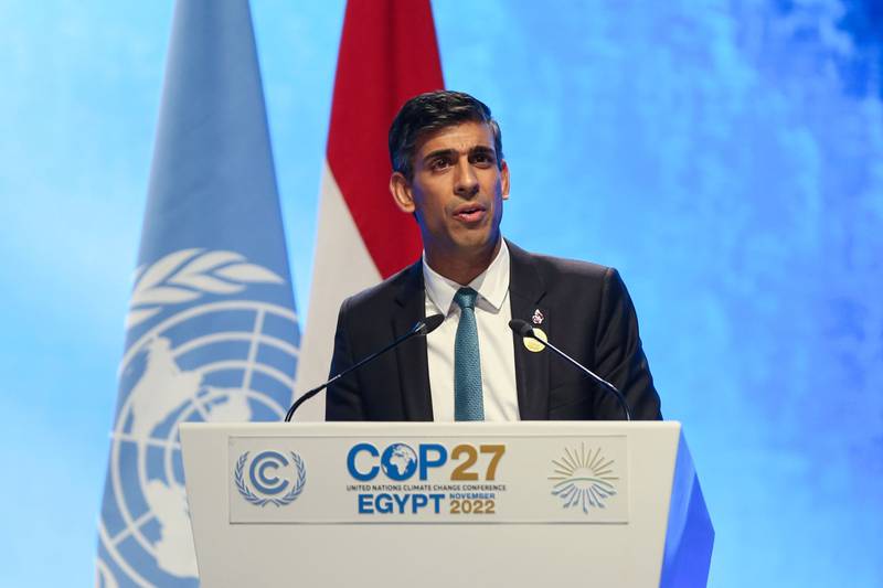 British Prime Minister Rishi Sunak delivers his national statement at the Cop27 summit in Sharm El Sheikh, Egypt, on Monday. Bloomberg