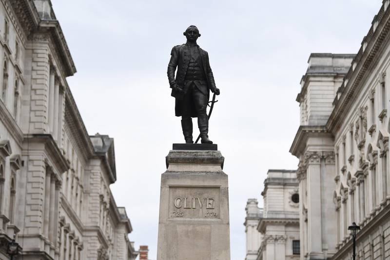 A statue of Robert Clive in Whitehall in London, UK, June 10. Clive was the Governor of Bengal and helped the British Empire gain control of large areas of India. London's Mayor, Sadiq Khan, said the capital's landmarks would be reviewed by a commission to remove those with links to slavery after Black Lives Matter protesters tore down a statue of slave trader Edward Colston in Bristol. Neil Hall/ EPA