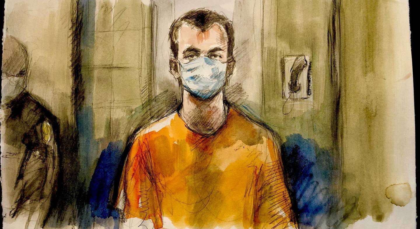FILE PHOTO: Nathaniel Veltman, 20, accused of mowing down a Muslim family with his pickup truck in what Canadian police are calling a hate-motivated attack, appears briefly by Zoom before a judge during a court appearance in London, Ontario, Canada, June 10, 2021 in this courtroom sketch. Pam Davies/Handout via REUTERS THIS IMAGE HAS BEEN SUPPLIED BY A THIRD PARTY./File Photo