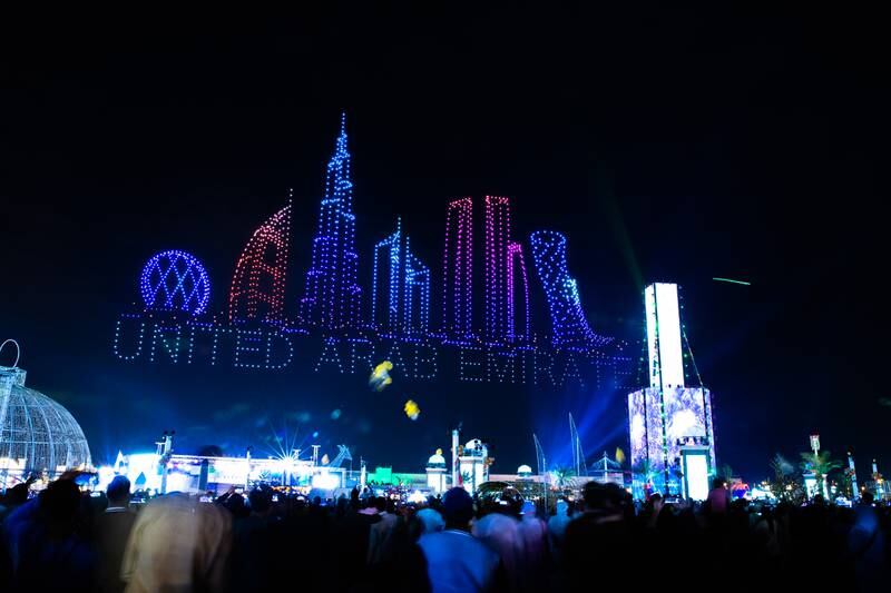 A colourful drone display at New Year's Eve 2021 celebrations at the Sheikh Zayed Heritage Festival