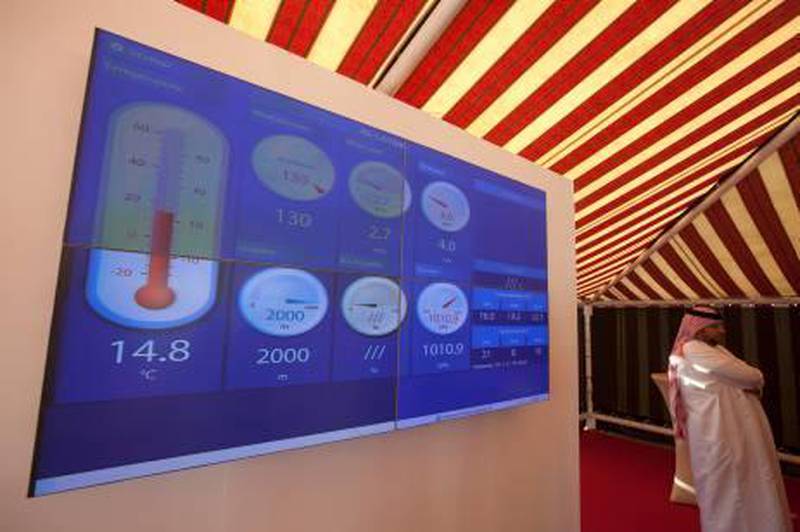 UAE - Dubai - Jan 02 - 2012: A screen with meteorological information during the inauguration ceremony of the Fog & meteorological Monitoring Station in Al Warqa area.  ( Jaime Puebla - The National Newspaper )