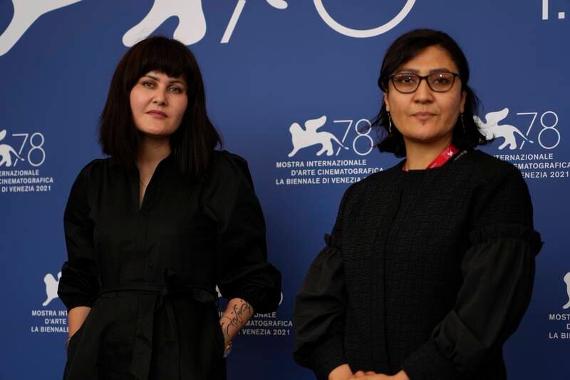 From left, directors Sahraa Karimi and Sahra Mani spoke at a panel at Venice Film Festival on Saturday. AP