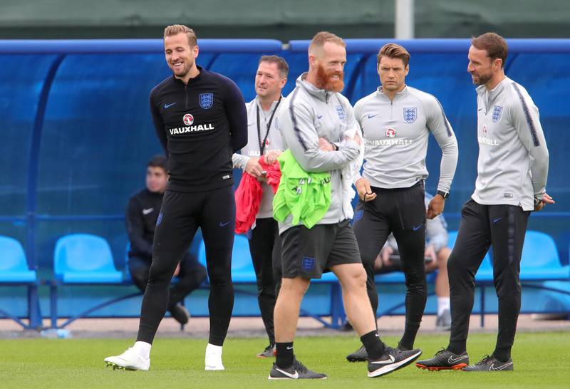 England's Harry Kane smiles during the training session. Getty Images