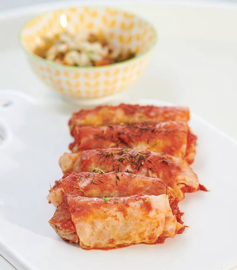 A recipe for walnut cabbage rolls is part of the cookbook