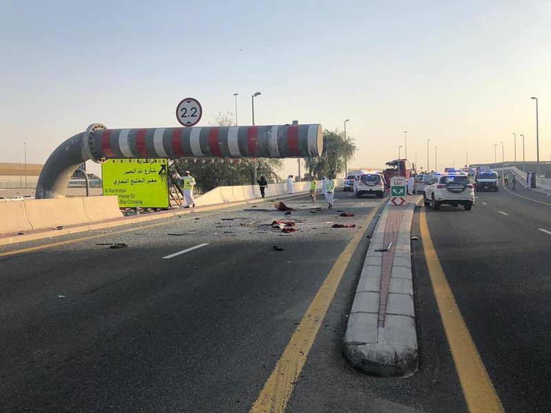 The maximum-height sign in Dubai that was struck by the bus. Seventeen passengers died in June 2019 in the tragedy. The National 