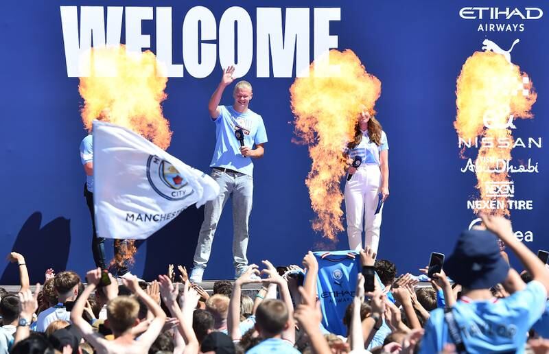 Manchester City striker Erling Haaland on stage during the presentation of the club's new signings on Sunday, July 10, 2022. EPA 