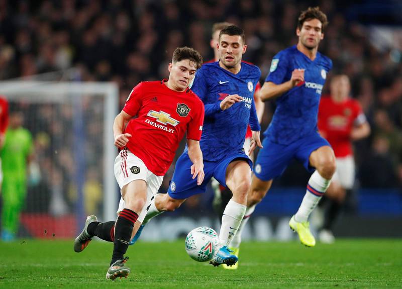 Manchester United's Daniel James, left, goes on the attack. Reuters