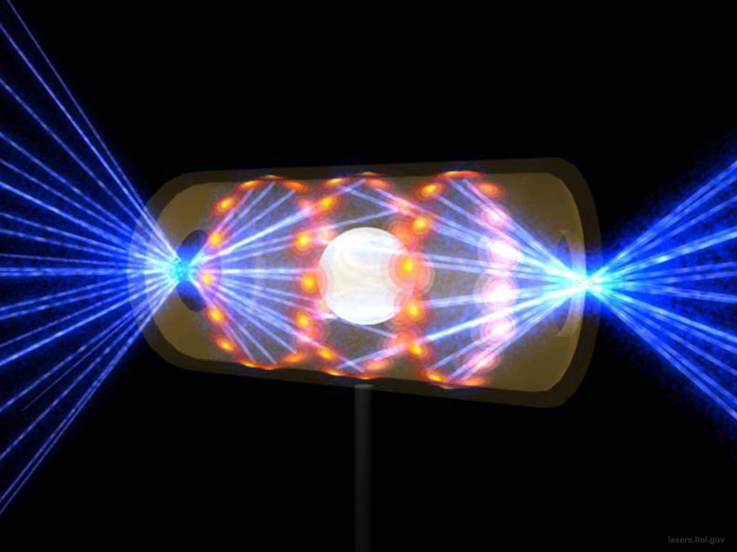 This illustration provided by California's Lawrence Livermore National Laboratory depicts a target pellet inside a hohlraum capsule with laser beams entering through openings on either end. The beams compress and heat the target to the necessary conditions for nuclear fusion to occur.  Photo: Lawrence Livermore National Laboratory via AP