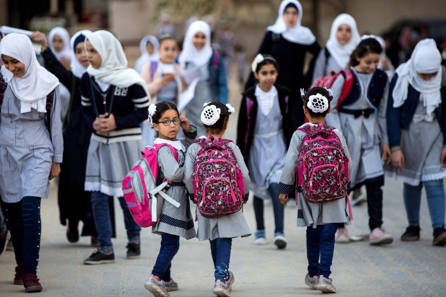 Palestinian school girls of all ages on their way to school in the southern Gazan city of Khan Younis on November 4,2018. (Photo by Heidi Levine for The National).