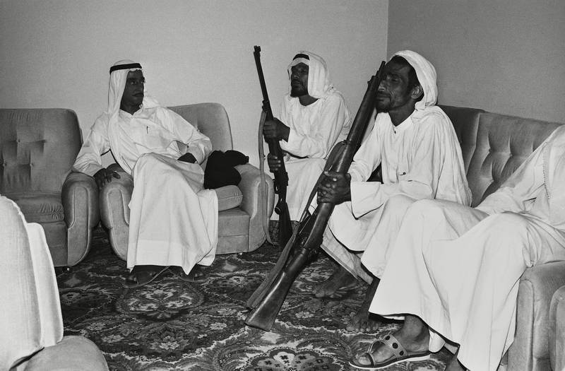 Sheikhs, falconers and guards during an audience at the palace in Sharjah, in November 1971.  Shutterstock
