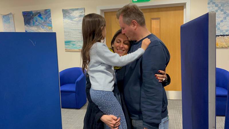 Mrs Zaghari-Ratcliffe reunited with her husband and their daughter Gabriella after being held for six years in Iran. Photo: @TulipSiddiq via Twitter