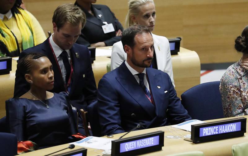 Queen Masenate Mohato Seeiso, left, of Lesotho and Crown Prince Haakon of Norway on the floor of the Trusteeship Council during the 73rd session of the General Assembly of the United Nations at United Nations Headquarters in New York.  EPA
