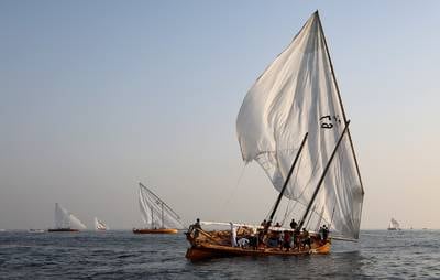 Sailors in action during a training session on the eve of the al Gaffal Race outside Dubai, United Arab Emirates, 29 May 2023.  Al Gaffal long distance Sur Bin Na'air 60ft Traditional Dhow Race, in a traditional Dhow boat, is the biggest traditional sailing race in the world.  125 boats take part in the race which starts from Sur Bu Na'air Island and reaches the finish line at the luxury hotel of Burj Al Arab in the coast of Dubai passing by Moon Island.  The race was conceived by the late Sheikh Hamdan bin Rashid Al Maktoum and currently under patronage of the Crown Prince of Dubai ÃŠH. H.  Sheikh Hamdan Bin Mohammed Al Maktoum which is seeking to protect the heritage and the traditional marine sports.   EPA / ALI HAIDER