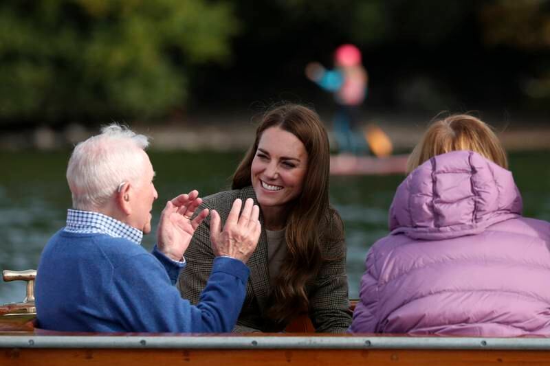 Catherine, Duchess of Cambridge, speaks to Ike Alter and Diane Stoller aboard a boat on Lake Windermere. The Duchess heard the moving stories of Holocaust survivors who as children were sent to the British beauty spot to recuperate from the horrors of the Nazi regime. Getty Images