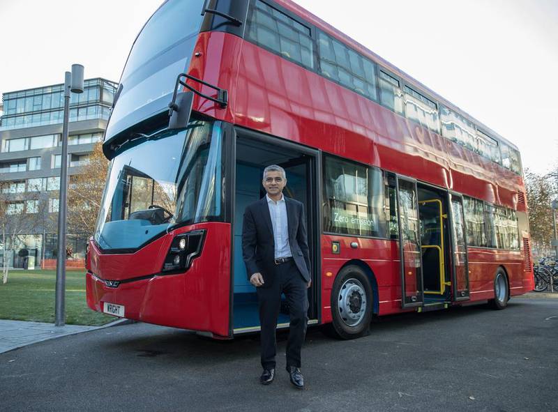 The Son of a London bus driver, the Mayor of London, Sadiq Khan, unviels the world’s first hydrogen double-decker bus to be trialled in the capital next year.  Hayoung Jeon / EPA