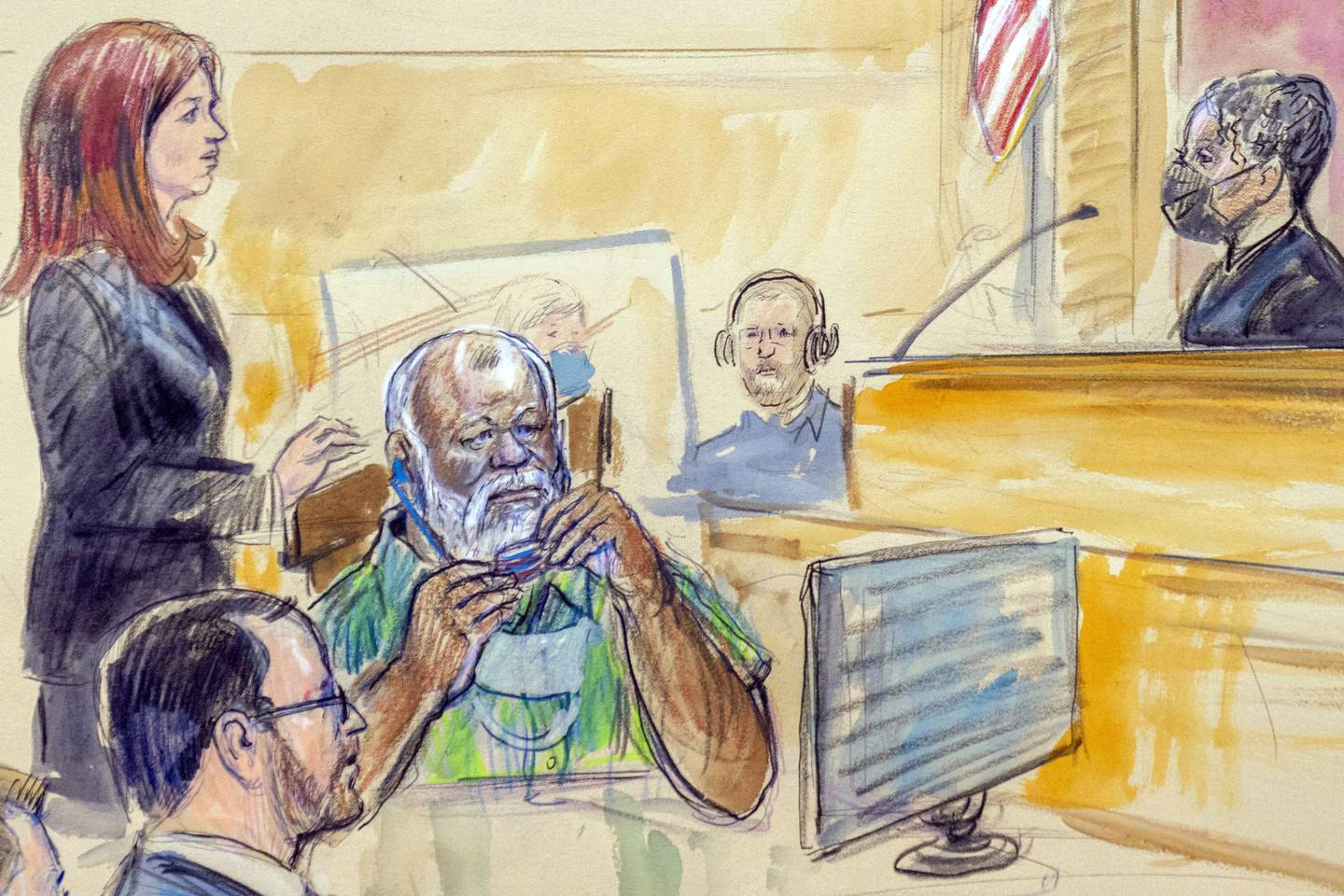 An artist's sketch of Whitney Minter, a public defender, standing to represent Abu Agila Mohammad Masud, who has been accused of making the bomb that brought down Pan Am Flight 103, in a court in Washington. AP