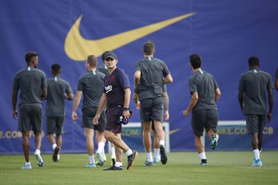 Ernesto Valverde puts his Barcelona squad through their paces in training. EPA