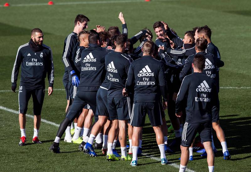 Real Madrid players take part in a training session ahead of their La Liga clash with Eibar on Saturday. EPA